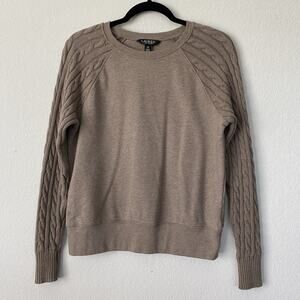 Lauren Ralph Lauren French Terry Sweatshirt Brown Cable Knit Sleeve Crewneck S/P